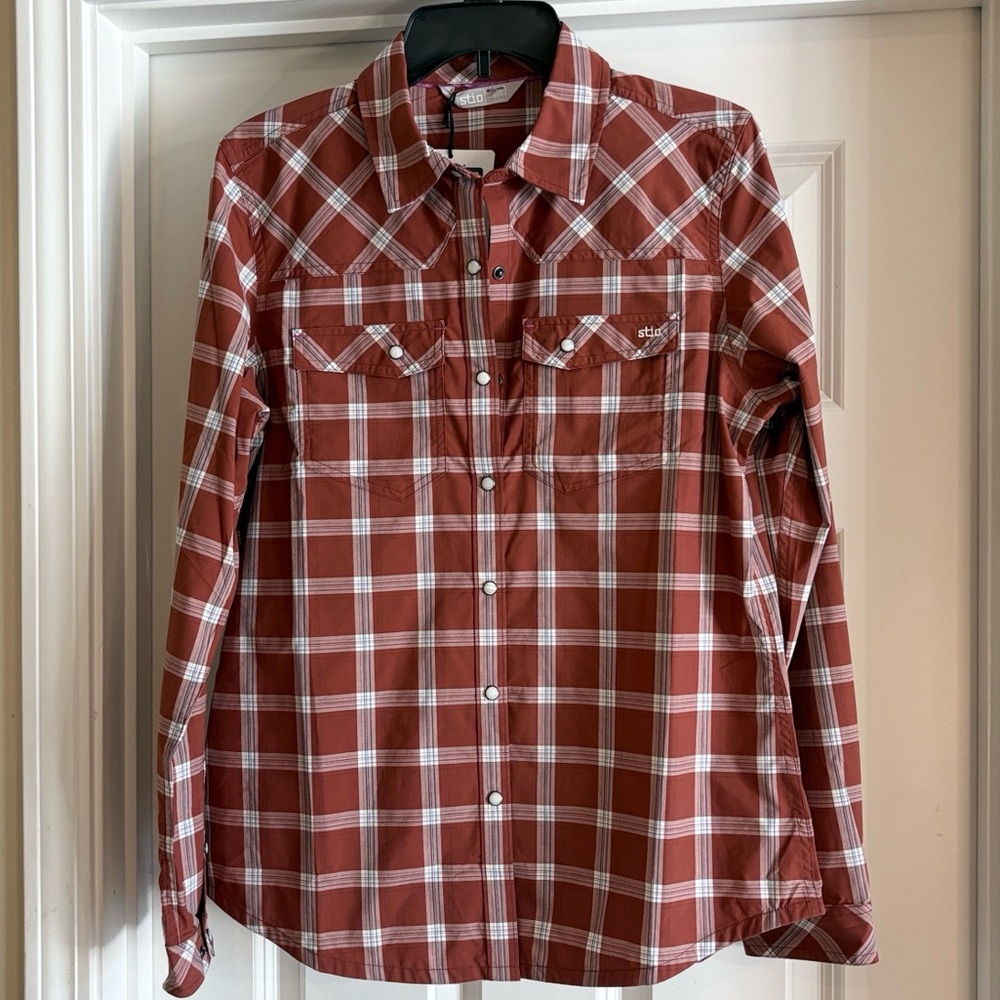 Stio Eddy Coyote Trail plaid pearl snap plaid shirt size large NWT
